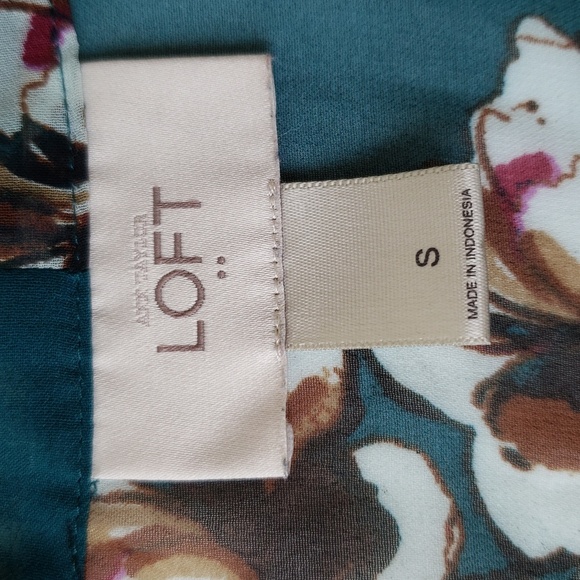 LOFT Floral Sheer Peasant Blouse Small Teal Brown Smocking Office Work Career - Picture 8 of 10